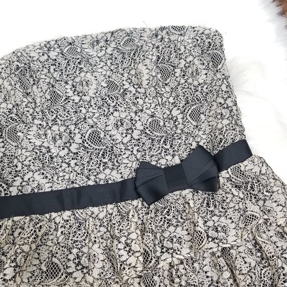 Chado Black Strapless Tan Lace Lay Over Tiered Mini Dress Zipper Back Cocktail - Picture 2 of 11